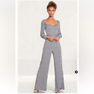 Ali & Jay XL Black White Striped Retro Jumpsuit Wide Leg Long Sleeve NWT *flawed